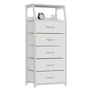 Aoibox White Vertical 5 Drawer Dresser Fabric Storage Tower with Double Shelf Sturdy Steel Frame Wood Top for Bedroom Hallway Nursery - 1 of 4