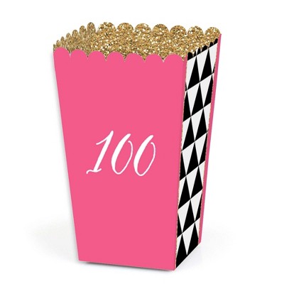 Big Dot of Happiness Chic 100th Birthday - Pink, Black and Gold - Birthday Party Favor Popcorn Treat Boxes - Set of 12