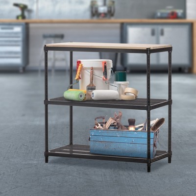 Black Steel Mesh 3-Tier Adjustable Shelving Unit with Wood Top