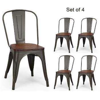 Tangkula Set of 4 Tolix Style Metal Dining Side Chair Wood Seat Stackable Bistro Cafe New
