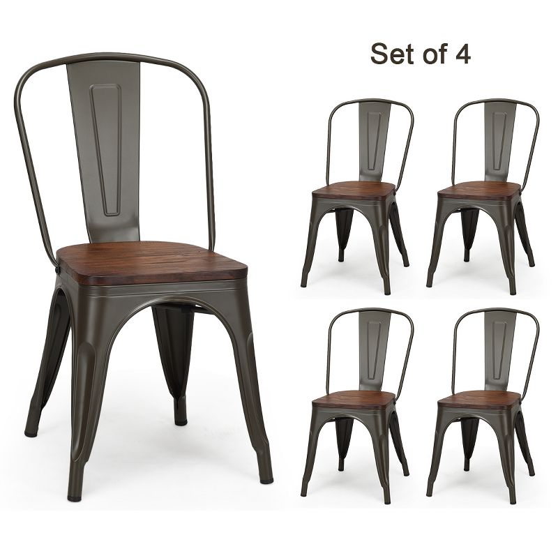 Tangkula Set of 4 Tolix Style Metal Dining Side Chair Wood Seat Stackable Bistro Cafe New, 1 of 11