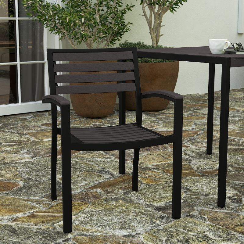 Merrick Lane Set of Two Aluminum Stacking Chairs with Faux Teak Slatted Back and Seat and Faux Teak Accented Arms, 5 of 12