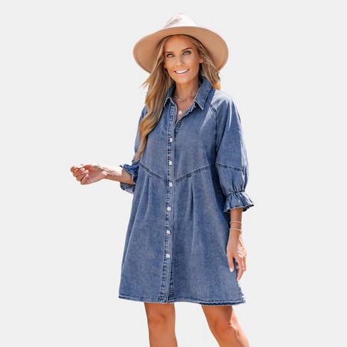 Women's Denim Button-front Ruffled Mini Dress - Cupshe-s-denim