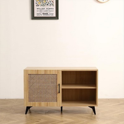 2-Tier Shoe Organizer with Rattan Mesh Door, Solid Wooden Handle, Freestanding Shoe Organizer, Shoe Rack, Entryway Shoe Holder