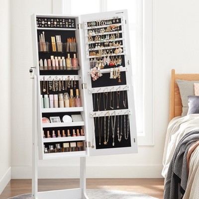 Jewelry Cabinet Armoire, Freestanding Lockable Storage Organizer with 2 Plastic Cosmetic Storage, Full-Length Frameless Mirror for Necklace Earring