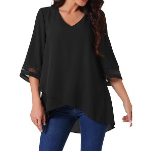 Seta T Women's V Neck 3/4 Bell Sleeve Mesh Panel High Low Asymmetrical Irregular Hem Casual Blouse - 1 of 4