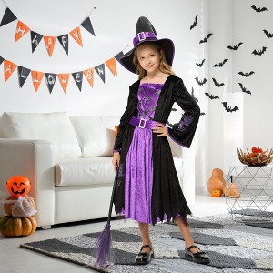 Witch Costume for Girls Kids, Fairytale Witch Halloween Costume Dress Up with Hat - 1 of 4