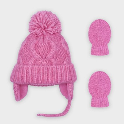 Baby Girls' Cable Knit Hat and Magic Mittens Set - Cat & Jack™ Pink Newborn