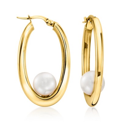 Ross-Simons Italian 8-8.5mm Cultured Pearl Hoop Earrings in 14kt Yellow Gold