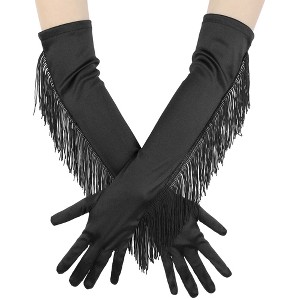 INSPIRE CHIC Women's Long Fringe Gloves with Tassels Satin 19.3" Elbow Length Warmer for Halloween, Opera, Wedding, Party 1Pair - 1 of 4