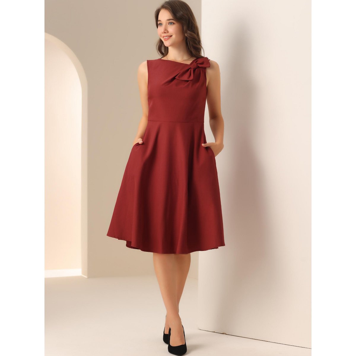 Женские платья INSPIRE CHIC Women's Elegant Flared Sleeveless Midi Evening Cocktail Dresses Small Wine Red — фото 4