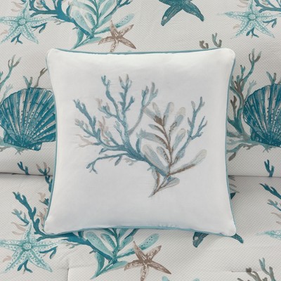Aqua Coastal Queen Cotton Comforter Set with Decorative Pillows