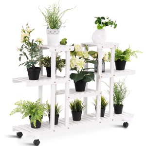 Tangkula 4-Tier Rolling Flower Rack Wood Plant Stand 12 Pots Bonsai Display Shelf - 1 of 4