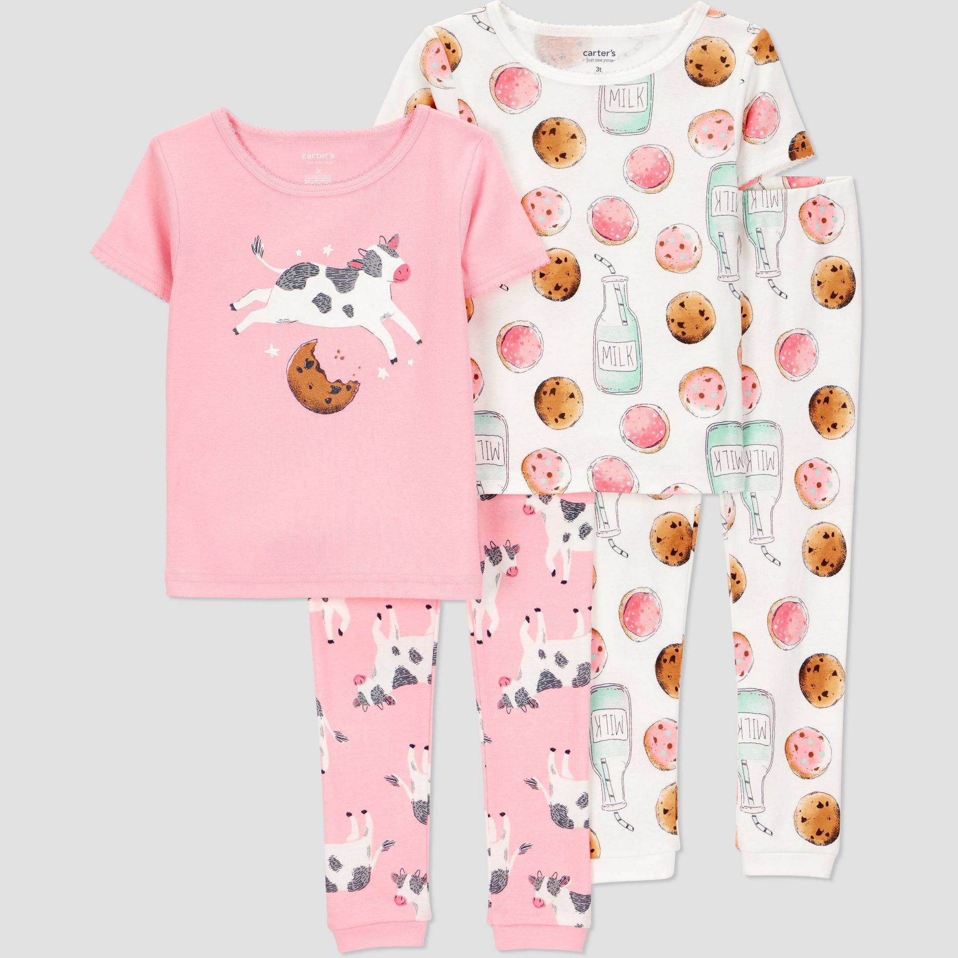 Carter's Just One You® Toddler Girls' 4pc Cotton Short Sleeve Cows and Cookies Pajama Set - White/Pink 18M