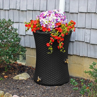Black Wicker 50 Gallon Rain Barrel with Planter Top