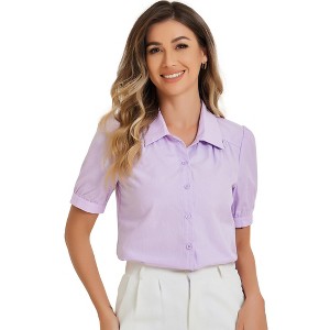 Allegra K Women's Elegant Spread Collar Puff Short Sleeve Button Front Shirt - 1 of 4