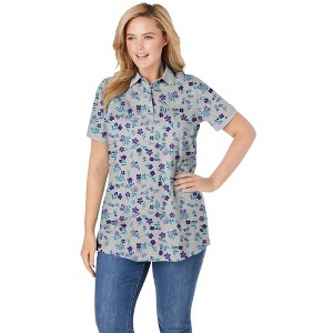 Woman Within Women's Plus Size Perfect Printed Short-Sleeve Polo Shirt - 1 of 4