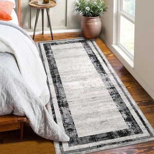 Washable Living Room Rug with Distressed Modern Border, Non-Slip, Soft Decorative Accent Carpet, Contemporary Minimalist Design for Bedroom Floor. - 1 of 4