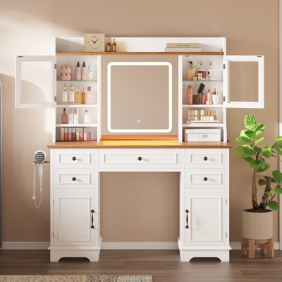 Makeup Vanity Desk with Mirror and Lights - Wood Makeup Vanity Table with 5 Drawers, 4 Cabinets, Charging Station, Farmhouse Dressing Table