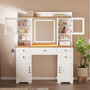 Makeup Vanity Desk with Mirror and Lights - Wood Makeup Vanity Table with 5 Drawers, 4 Cabinets, Charging Station, Farmhouse Dressing Table - 1 of 4