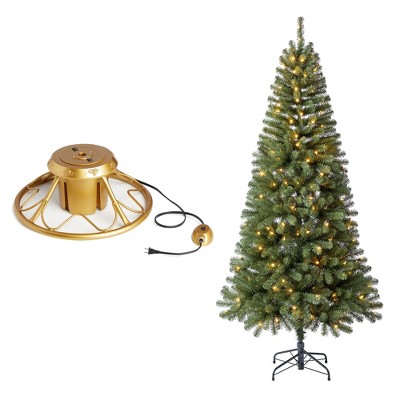 Home Heritage 1-1.75" Artificial Christmas Tree Base Rotating Metal Stand with Brighampton Spruce 7 Ft Pre-Lit Artificial Christmas Holiday Tree