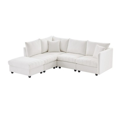 89'' L-Shaped Modular Sectional Sofa with Ottoman, Vertical Stripe Cushions, 5-Seat Comfy Couch for Living Room or Apartment