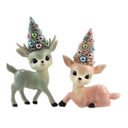 Christmas Pastel Reindeer With Tree - Two Figurines 6.25 Inches - Retro ...