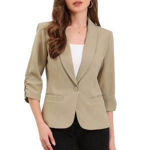 INSPIRE CHIC Women's 3/4 Sleeve Shawl Lapel Pocket Single Button Office Work Blazer Small Khaki - 1 of 4