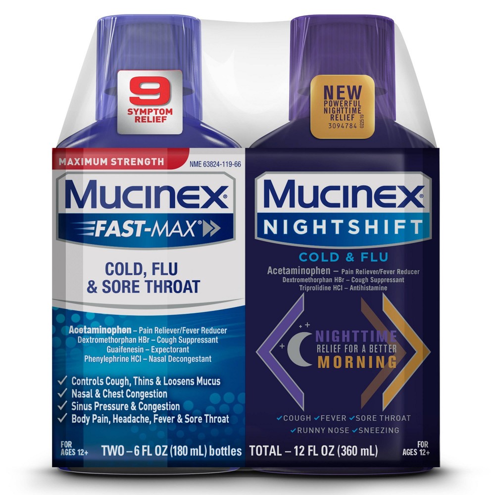 (Exp 10/2023) Mucinex Fast-Max & Night Shift Combo Liquid For Cold, Flu, Sore Throat, Severe Congestion & Pain - 2ct/12 fl oz Total