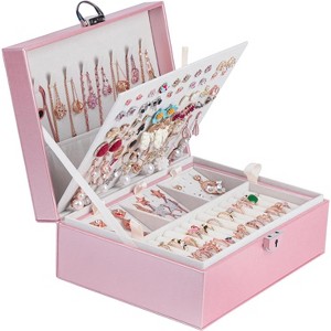 4-Layer Jewelry Box with Lock, Earring Organizer for Studs, Necklaces & Rings, Black Gift for Girls - 1 of 4