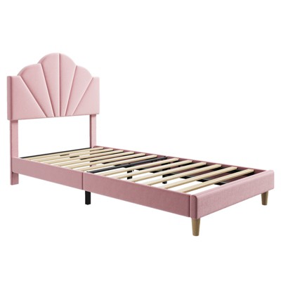 Twin Velvet Platform Bed Frame with Adjustable Headboard, Wood Slat Support, Blue/Pink