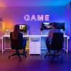 This 94.5-inch T-shaped gaming desk for two features a power outlet, LED lights, and includes a monitor stand with storage shelves and a keyboard tray - 2 of 4