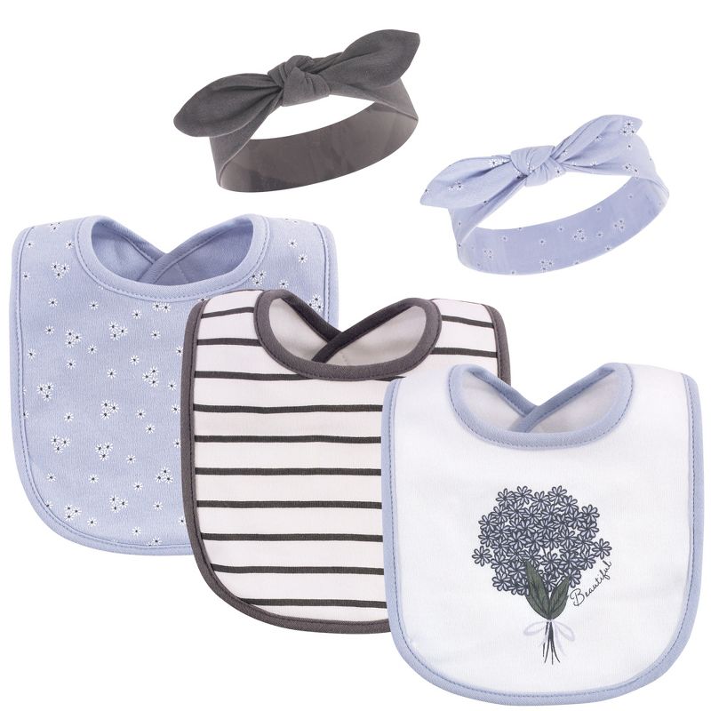 Hudson Baby Infant Girl Cotton Bib and Headband Set 5pk, Periwinkle, One Size, 1 of 10