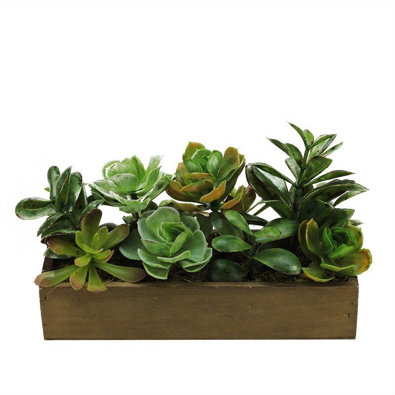 Northlight 11.5" Mixed Succulent Artificial Plants in Wooden Planter Box - Green/Brown, 1 of 3