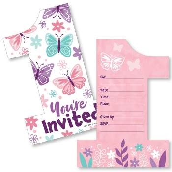 Big Dot of Happiness 1st Birthday Beautiful Butterfly - Shaped Fill-In Invitations Floral First Birthday Party Invitation Cards with Envelopes - 12 Ct