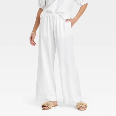 Women's Mid-Rise Wide Leg Linen Pull-On Pants - A New Day™ White M