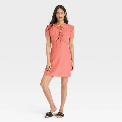 Women's Tie-Front Flutter Short Sleeve Mini A-Line Dress - Universal Thread™ Pink XL