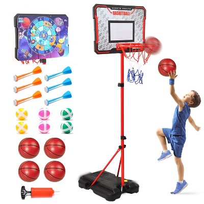 Skirfy Kids Basketball Hoop, 2-in-1 Toddler Basketball Goal with Dart Board & 4 Balls, Adjustable Height 2.9ft-6.2ft Red