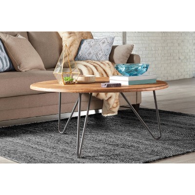 Bryant Round Aged Pine Coffee Table with Black Metal Hairpin Legs