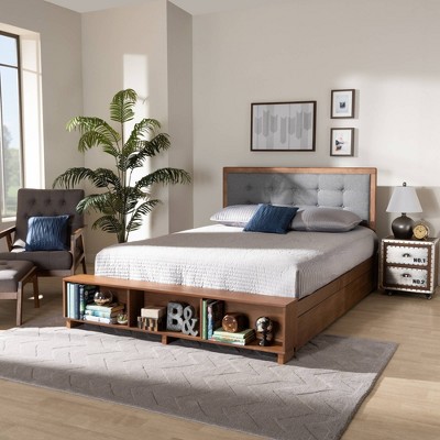 Walnut Queen Platform Bed with Gray Upholstered Headboard and Storage Drawers