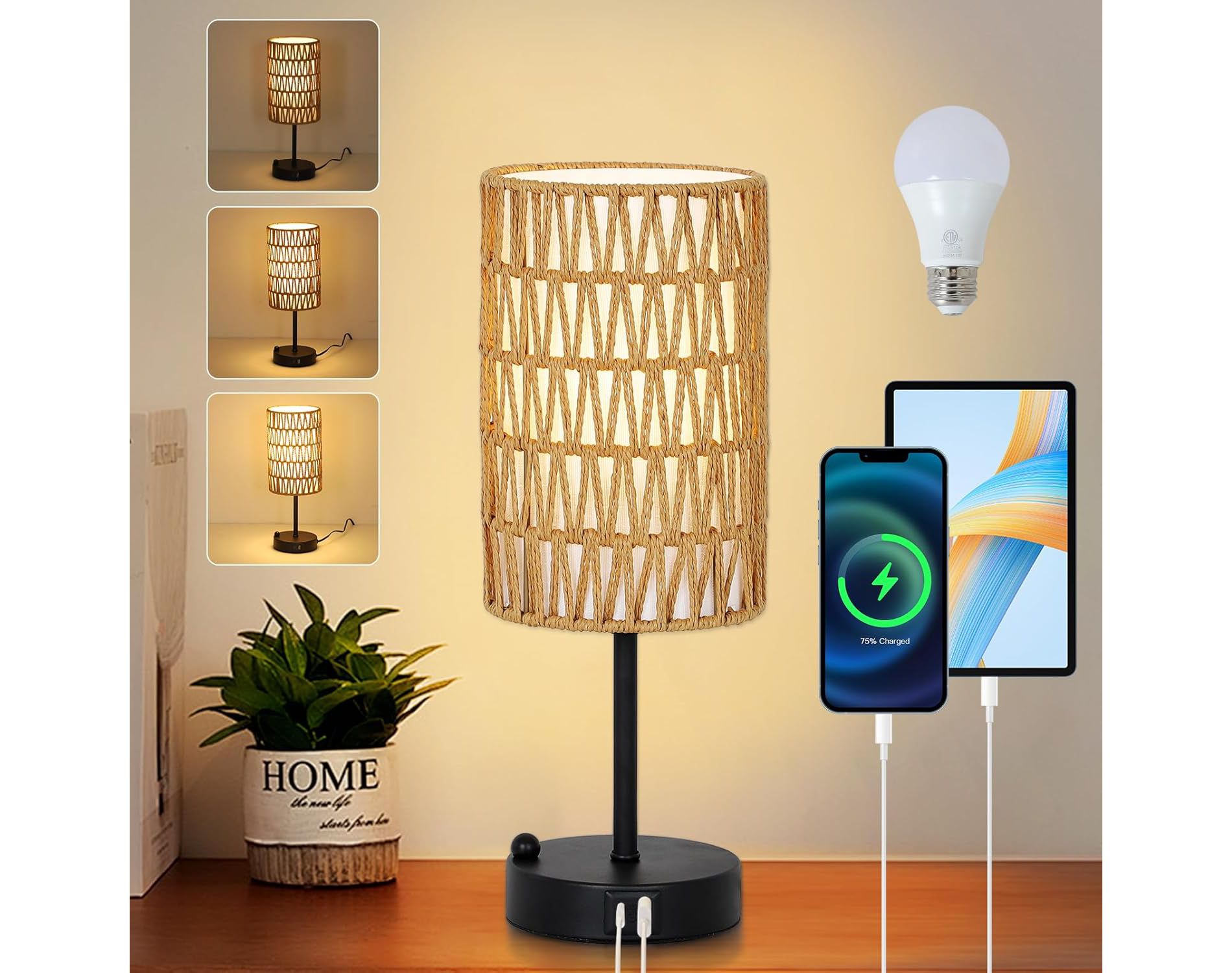 Gulches 16 in. Brown Bohemian 1-Light Smart Dimmable Table Lamp for Living Room with Soft Fabric Rattan Drum Shade