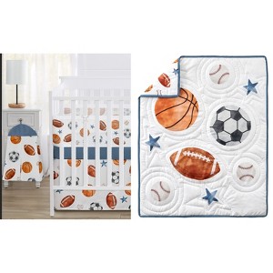 Sweet Jojo Designs Boy Baby Mini Crib Bedding Set - Watercolor Sports Theme Blue Brown and Orange 3pc - 1 of 4