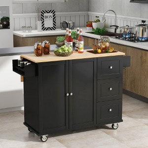 Grungis 52.7" Rolling Mobile Kitchen Island Cart with Solid Wood Top,Kitchen Island on Wheels with Towel Rack & Drawer,Island Table for Kitchen - 1 of 4