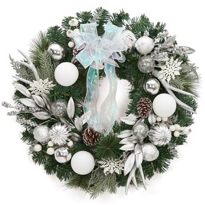 24" Pre-Lit Christmas Wreath for Front Door, Silver White Lighted Xmas Wreath with 20 Battery Operated LED Lights - 1 of 4