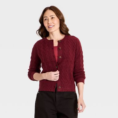 Women's Heritage Cable Crewneck Cardigan - Universal Thread™ Berry Red XS