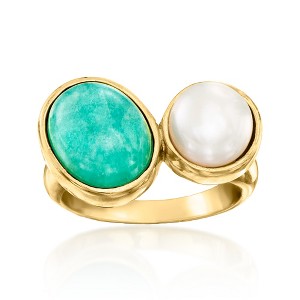 Ross-Simons Amazonite and 8-8.5mm Cultured Pearl Toi Et Moi Ring in 18kt Gold Over Sterling - 1 of 4