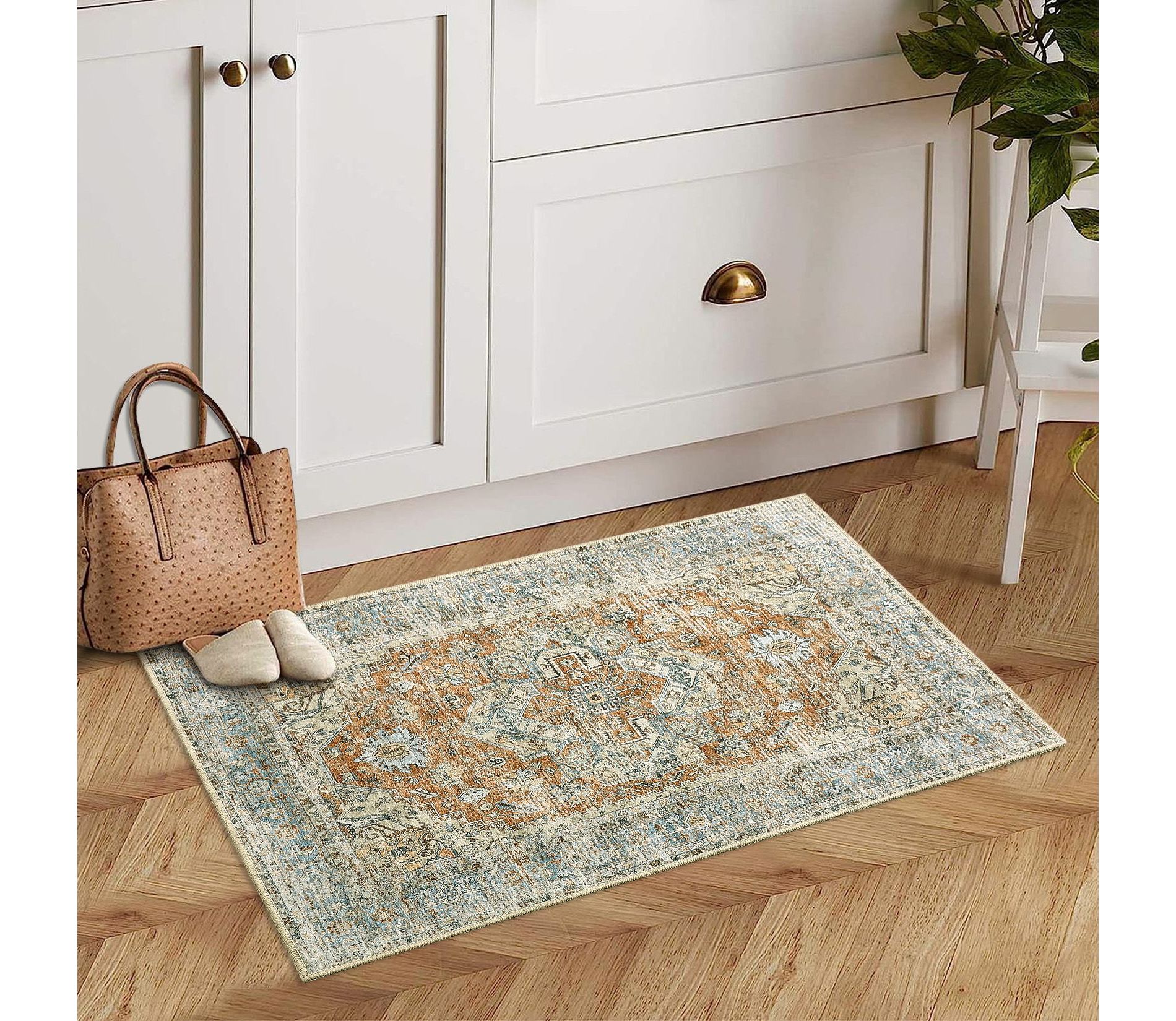 3x5 Rug Machine Washable Rug with Non Slip Backing Low Pile Foldable Rug Ultra-Thin Carpet for Bedroom Dining Room