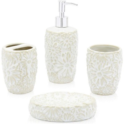 Okuna Outpost 4 Piece White Floral Ceramic Bathroom Accessories Set with Soap Dispenser, Toothbrush Holder, Cup & Dish