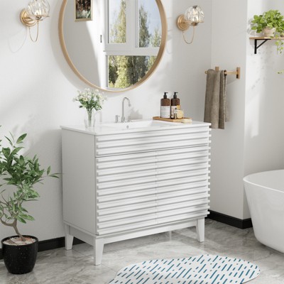ROOMTEC 24 in. Bathroom Vanity with Ceramic Sink, Mid-Century Cabinet with 2 Soft-Close Doors, Freestanding, Wood Grain Laminate, Walnut
