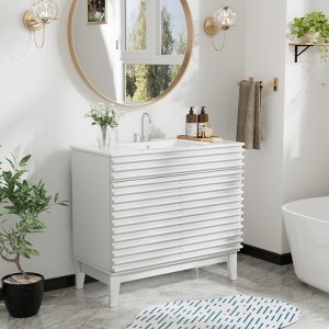 ROOMTEC 24 in. Bathroom Vanity with Ceramic Sink, Mid-Century Cabinet with 2 Soft-Close Doors, Freestanding, Wood Grain Laminate, Walnut - 1 of 4